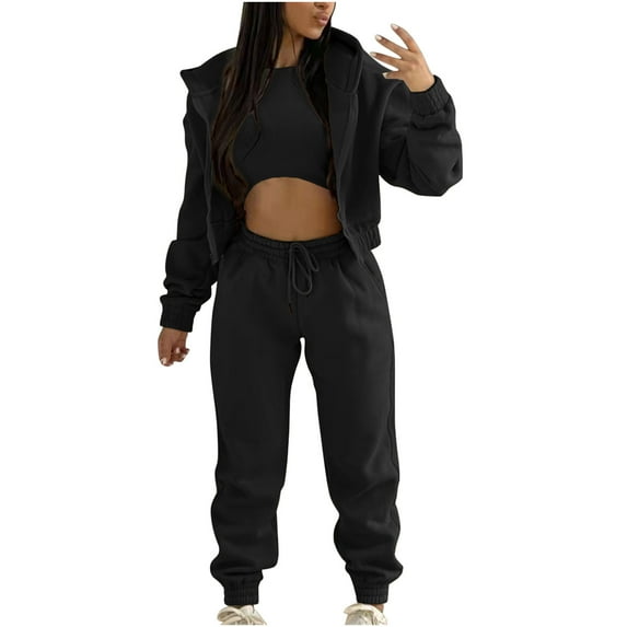 Mrat Sweatsuits for Women Set 3 Piece Outfits Zip Hoodie Sweatshirt Cropped Tank Tops Jogger Sweatpants Tracksuit S-16 Black L