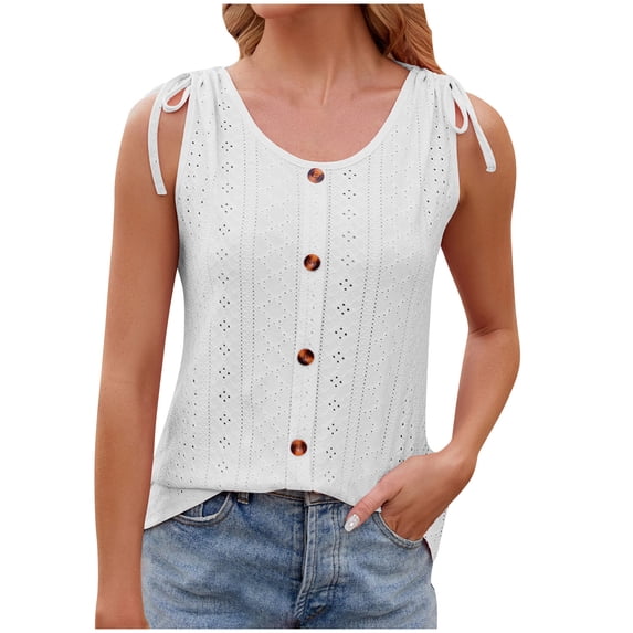 Mrat Tank Tops with Built In Bras New Women's Spring/Summer Button Tank Tops with Round Neck Lace Sleeveless Loose Tops Exercise Tank Tops for Women S-36 White L