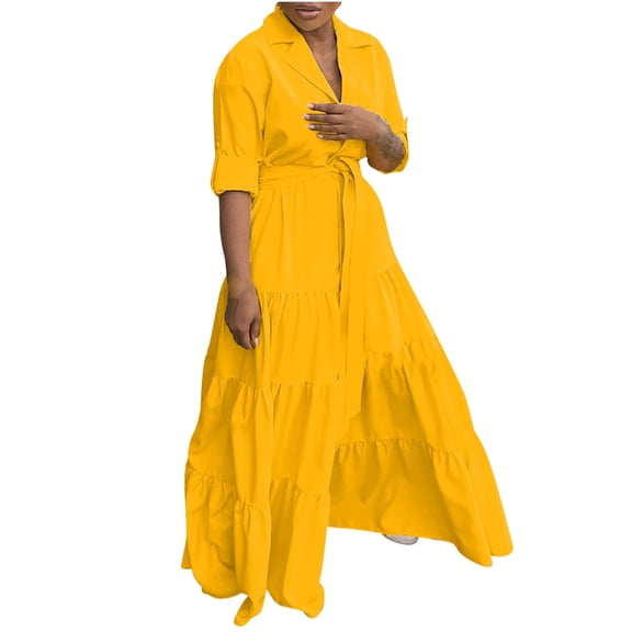 Mrat Tennis Dresses for Women Womens Fashion Spring/Summer New Women's Multi Color Combination Dress with Belt Spaghetti Strap Dresses for Women S-649 Yellow XXL