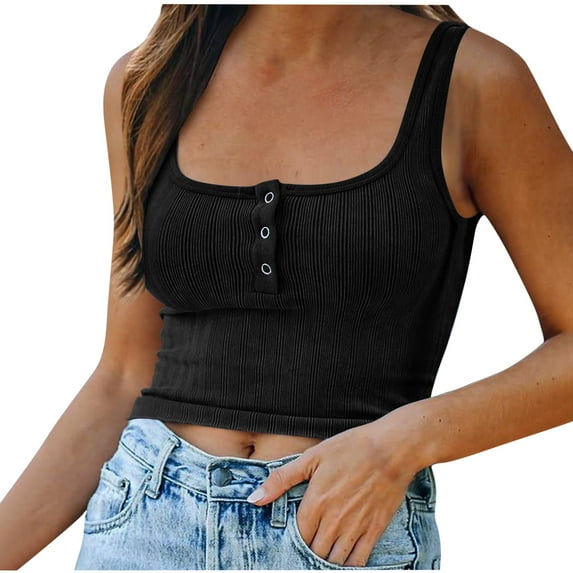 Mrat Tennis Tank Tops Women Fashion Solid Camisole Button Squares Neck Sleeveless Vests Blouse Cotton Tank Tops S-15 Black XL
