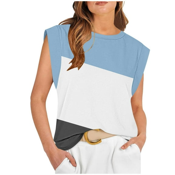 Mrat Thick Strap Tank Tops Fashion Women's Casual Round-Neck Sleeveless T-Shirt Tops Blouse Slimming Tank Tops for Women S-393 Light Blue L