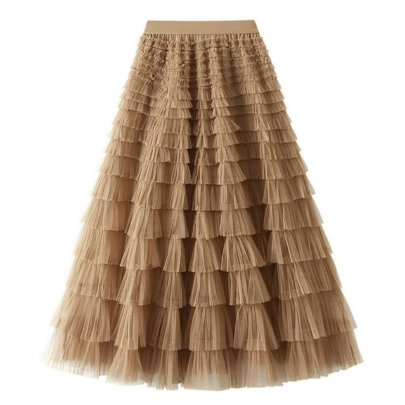 Mrat Tiered Skirt Women's Solid Color Ruffled Mesh Skirt High Waist Prom Poached Skirt Half-Length Skirt Sparkly Skirts S-159 Brown M