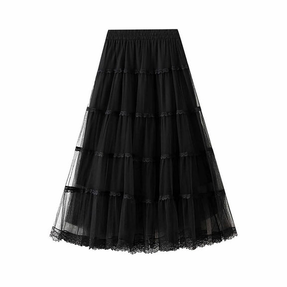 Mrat Tiered Skirts Women's Classic High Waist Double-Layered Skirt Elastic Waist Midi Skirt Tiered Skirts S-58 Black One Size