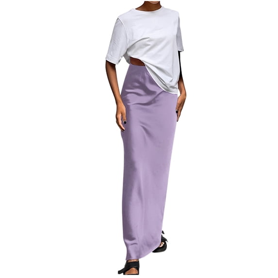 Mrat Tiered Skirts Women's Flowing Solid Color Elegant Dress Fashion Satin Drape Fishtail Skirt Activewear Skirts S-8 Purple XL