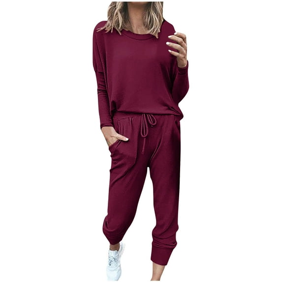 Mrat Track Suits for Women Set 2 Piece 2 Piece Jogging Sets Solid Polyester Long Sleeve Sweatsuits Sets Two Piece Track Suits Drawstring High Waist Pants Set Comfy Outfits F-Hot Pink XXL