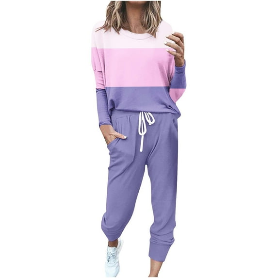 Mrat Tracksuits for Women Set 2 Piece 2 Piece Jogging Sets Color Block Polyester Long Sleeve Sweatsuits Sets Two Piece Track Suits Drawstring High Waist Pants Set Comfy Outfits Q-Pink 5XL