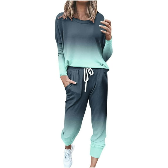Mrat Travel Outfits for Women 2 Piece Jogging Sets Gradient Polyester Long Sleeve Sweatsuits Sets Two Piece Track Suits Drawstring High Waist Pants Set Comfy Outfits R-Light Blue 3XL
