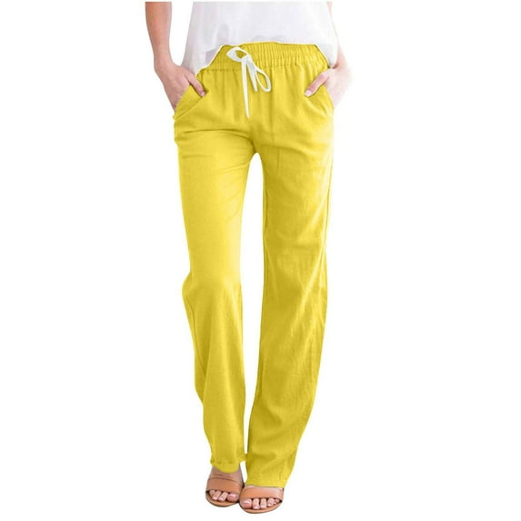 Mrat Travel Pants Women Full Length Pants Fashion Ladies Summer Casual Loose Cotton and Linen High Waisted Trousers Solid Color Drawstring Elastic Waist Loose Long Pants with Pocket Yellow_C L