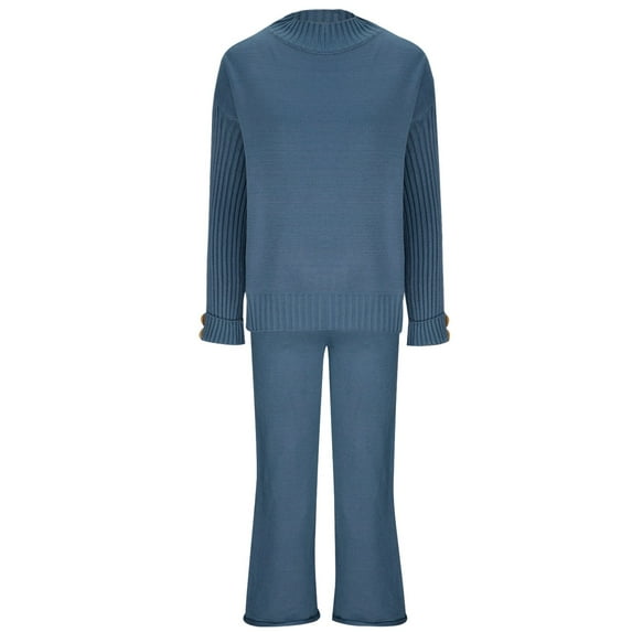 Mrat Trendy Tracksuit Set Women's Fashion Scoop Neck Sleeveless Knitted Sweater Loose Bantsuit Sports Sweatsuit S-92 Blue M