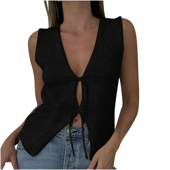 Mrat Tunic Tank Tops for Women Women Crochet Tops Vintage Solid Color V Neck Sleeveless Cropped Tops Streetwear S-174 Black S