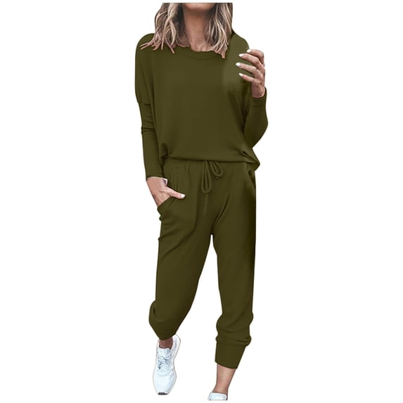 Mrat Two Piece Jogger Sets for Women 2 Piece Jogging Sets Solid Polyester Long Sleeve Sweatsuits Sets Two Piece Track Suits Drawstring High Waist Pants Set Comfy Outfits K-Green XXL