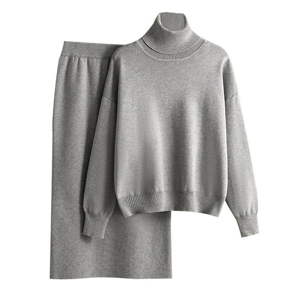 Mrat Two Piece Jogger Suit Set Women's Sweater Knitted Solid Color Turtleneck Sweater Half Hip Wrap Skirt Two-Piece Knitted Suit for Women Loungewear Set S-259 Gray Free Size