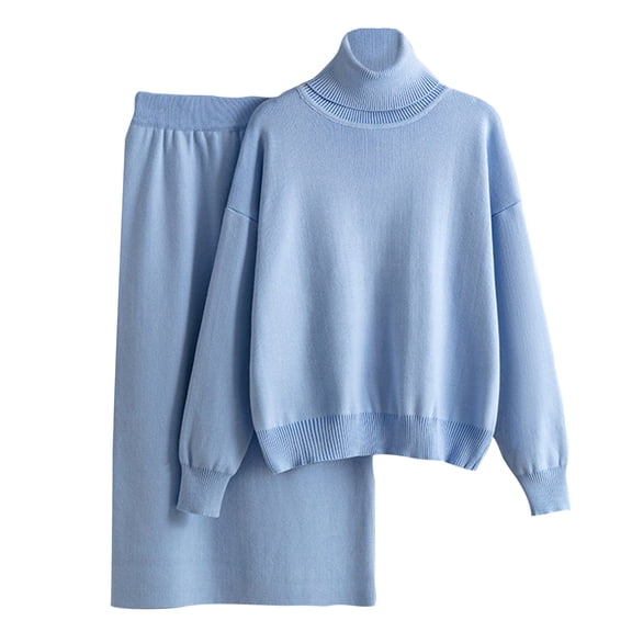 Mrat Two Piece Jogger Tracksuit Women's Sweater Knitted Solid Color Turtleneck Sweater Half Hip Wrap Skirt Two-Piece Knitted Suit for Women Sweatset S-260 Light Blue Free Size