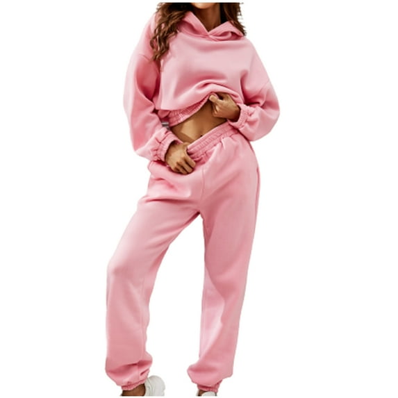 Mrat Two Piece Jogging Sweatsuit Women's Casual Cutumn and Solid Color Pullover Hooded Long Sleeve Shirt and Trousers Suit Jogger Sweatsuit Set S-884 Pink-A L