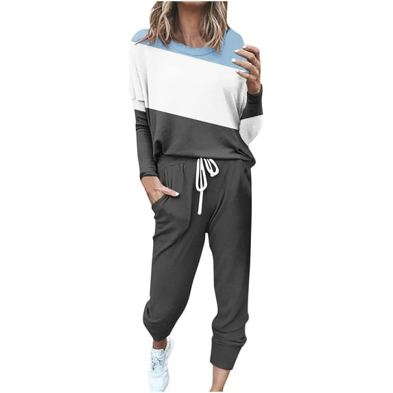 Mrat Two Piece Pants Outfits for Women 2 Piece Jogging Sets Color Block Polyester Long Sleeve Sweatsuits Sets Two Piece Track Suits Drawstring High Waist Pants Set Comfy Outfits O-Gray S