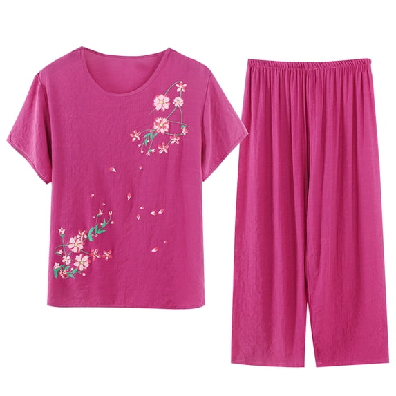 Mrat Two Piece Running Outfits Set Women Pajamas Short Sleeved Round Neck Tops/Shirt Set Cotton Silk Suit Large Size Comfy Breathable Cardigan Button Pocket S-115 Purple XL