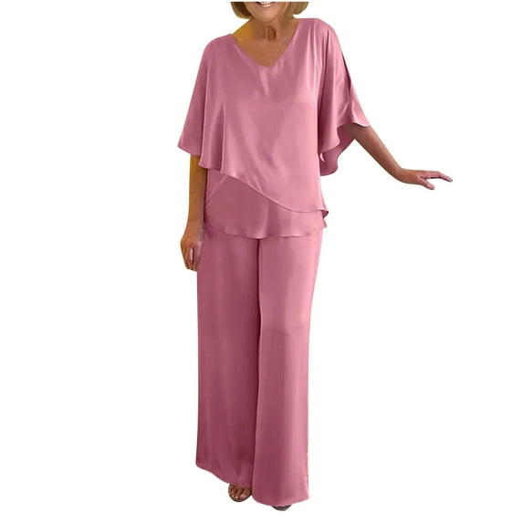 Mrat Two Piece Running Suit Set Mother of Bride Dressy for Wedding Two Piece Vintage Satin Pantsuits Formal 3/4 Sleeve Irregular Hem Tops Loose Pants Women Guest Outfit S-52 Pink-A 3XL