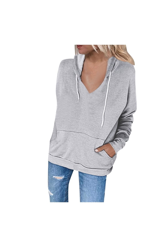 V-Neck Hooded Sweatshirt Women Long Sleeve Drawstring Hoodie Pullover Slim Fitting Sweat Jacket with Pockets S-95 Gray S