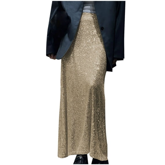 Mrat Western Skirts for Ladies Fashion Women Casual Sequin High Waist Solid Color Long Maxi Skirt Denim Skirts S-125 Beige S