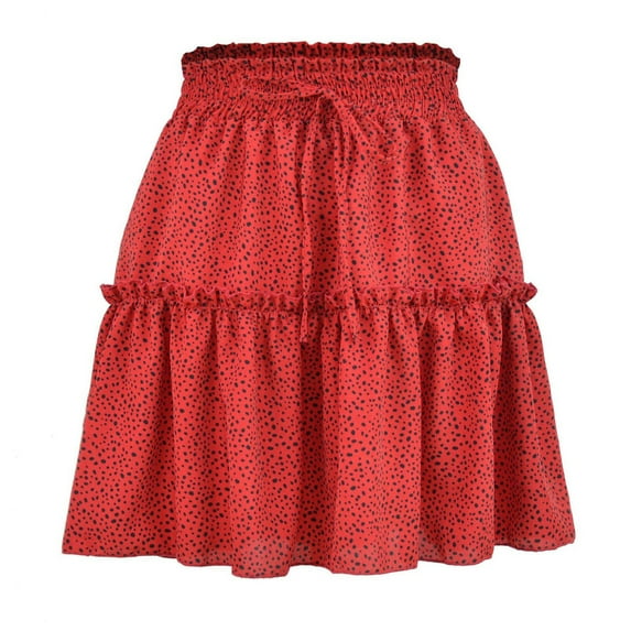 Women's Mini Skirt Summer Flowy Tiered Ruffle Mini Skirt Cute High Waist Beach Boho Floral Print Pleated Ruffle Hem A-line Short Skirt Ruffle Flared Boho A Line Skater Mini Skirt Red M