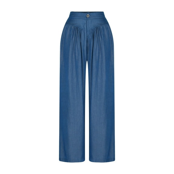 Mrat Wide Leg Denim Pants for Women Smocked High Waisted Loose Flowy Pants Casual Jeans Trousers with Pockets Women's High Waisted Pants S-177 Blue S