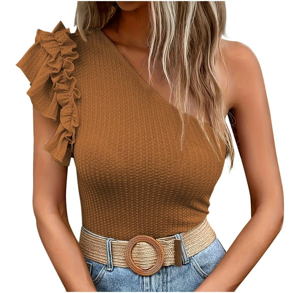 Mrat Wide Strap Tank Tops for Women Women's Trendy One Shoulder Ruched Sleeveless Tank Tops Trendy Going out Cropped Tops S-410 Coffee S