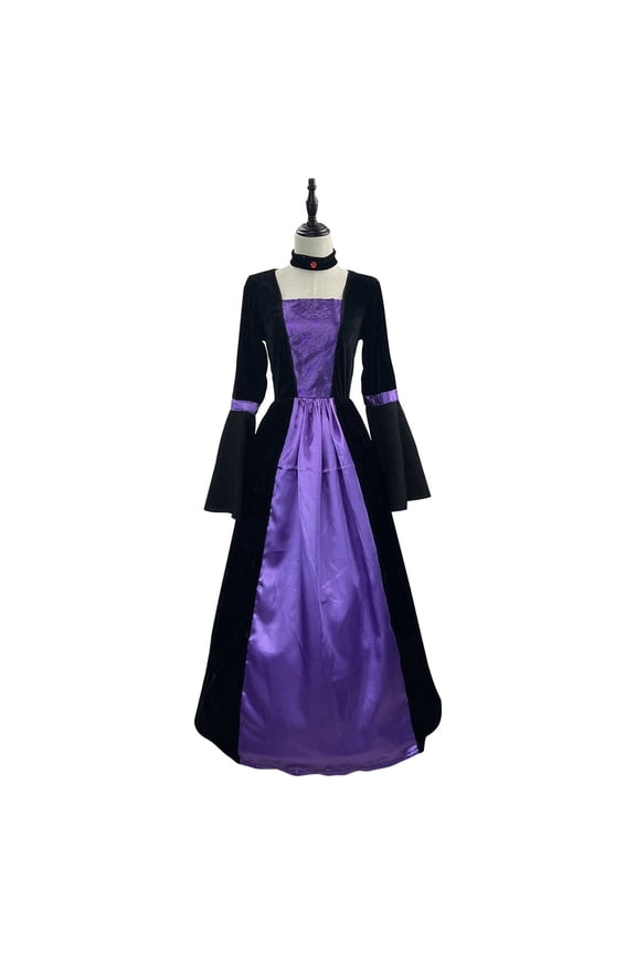 Witch Costume for Women Halloween Cosplay Tunic Dresses Slim Long Sleeve Color Block Pleated Long Dress S-221 Purple 4XL