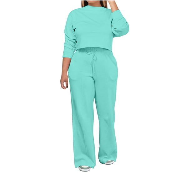 Mrat Women 2 Piece Tracksuits Casual 2 Piece Outfits for Women Long Sleeve Cropped Tops Sweatsuit Wide Leg Long Pants Sets Tracksuit with Pockets S-64 Green L