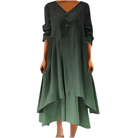 Mrat Women 3/4 Sleeve Dresses Casual Loose Gradient Printed Maxi Dress Irregular Hem Button V-Neck Loose Long Dress S-63 Black 4XL