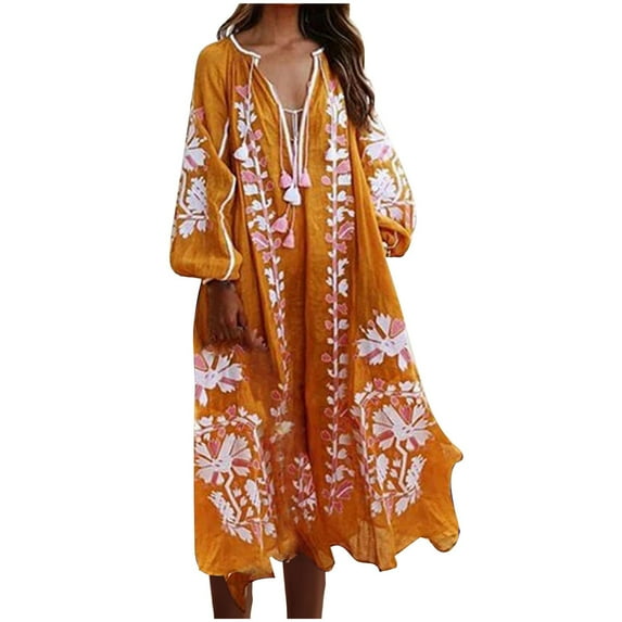 Mrat Women Boho Tassel Dress Lantern Long Sleeve Maxi Dress V-Neck Boho Printed Baggy Vacation Beach Dresses S-91 Orange L