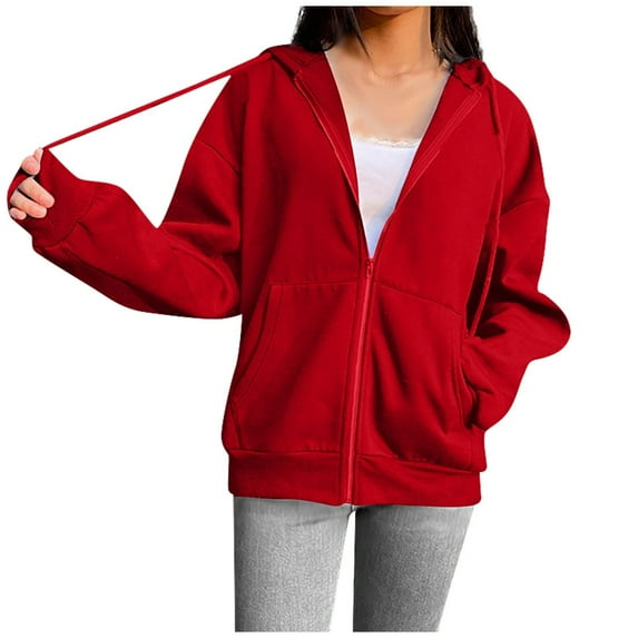 Mrat Women Casual Full Zip up Hoodie Drawstring Solid Sweatshirt Long Sleeve Hooded Tops Jacket Comfy Loose Sweatshirt Zipper V-Neck Pullover Hoodie Tops with Pockets Red XXL