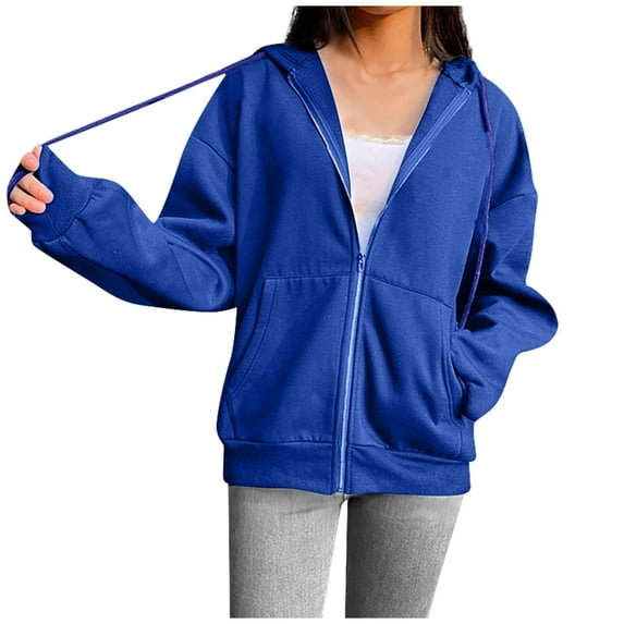 Mrat Women Casual Full Zip up Hoodie Drawstring Solid Sweatshirt Long Sleeve Hooded Tops Jacket Comfy Loose Sweatshirt Zipper V-Neck Pullover Hoodie Tops with Pockets Blue L