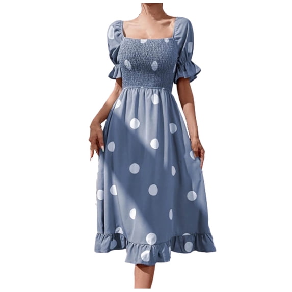 Mrat Women Casual Printed Puff Short Sleeve Dress Squares Neck Pullover Dress Flowy a Line Ruched Maxi Dresses S-29 Gray m