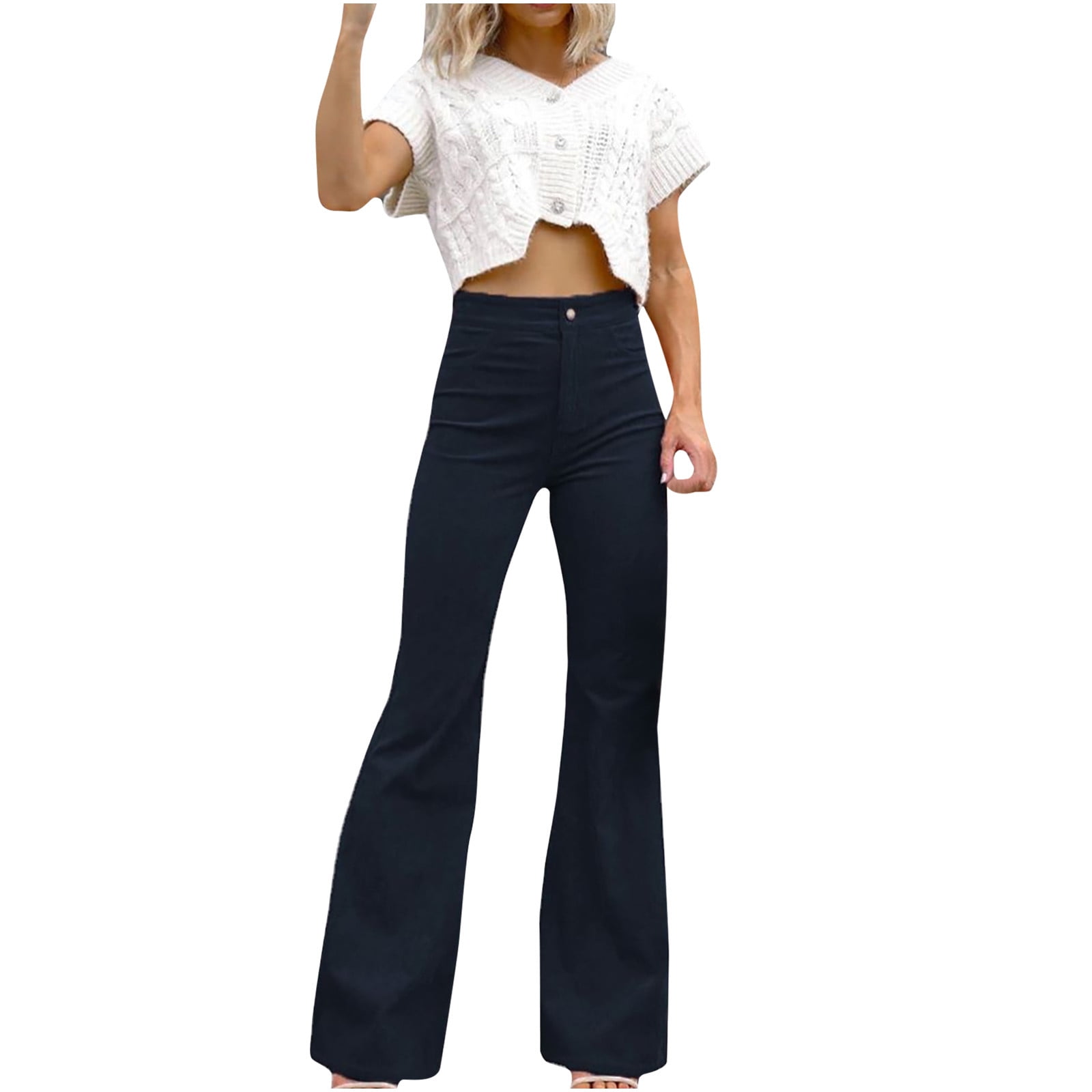 Mrat Women Casual Work Pants Full Length Pants Ladies Fashion Slim Fit  Comfortable Solid Color Pocket Casual Flared Pants Female Pants Outfits  Navy L 