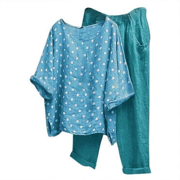 Mrat Women Cotton 2 Piece Pantsuits Dressy Crewneck 3/4 Sleeve Printed Flowy Pants Sets S-42 Blue m