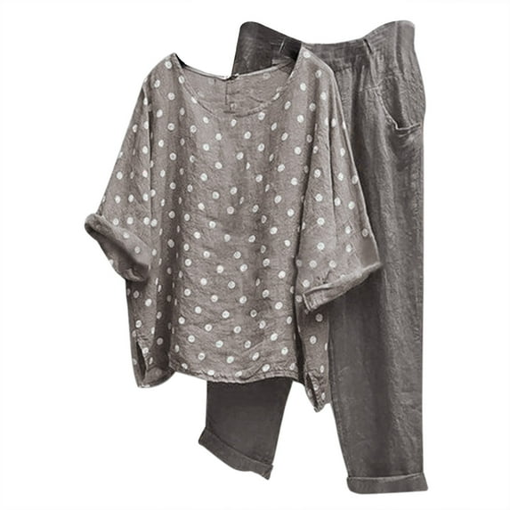 Mrat Women Cotton 2 Piece Pantsuits Dressy Crewneck 3/4 Sleeve Printed Flowy Pants Sets S-42 Gray m