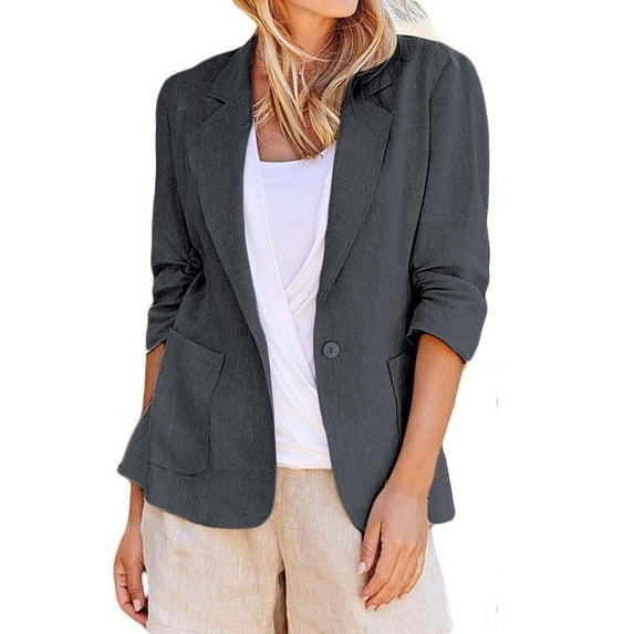 Mrat Women Cotton Blazers Turn Down Collar 3/4 Sleeve Coat Casual Open Front Cardigan Open Front Shawl Collar Blazer Solid Color Long Sleeve Cotton Blazers Dark Gray XXXXXL