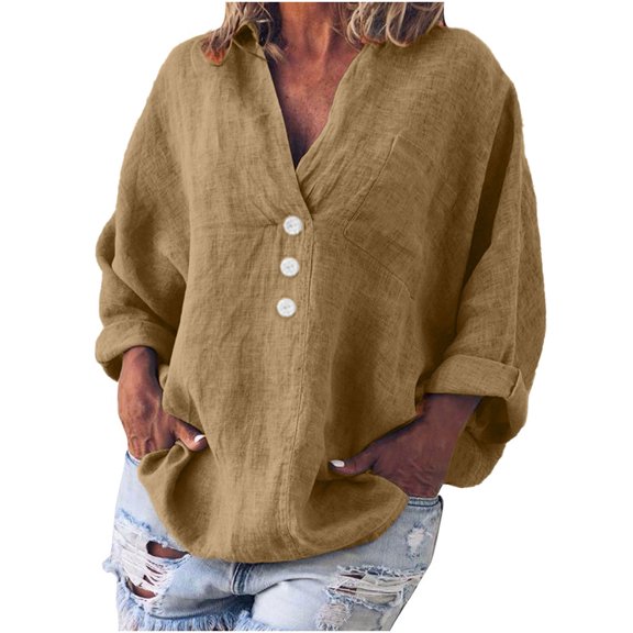 Mrat Women Cotton Linen Shirts Oversized Long Sleeve Tops Button V Neck Blouses Loose Fitting Casual Outfits Clothing S-40 Khaki XL