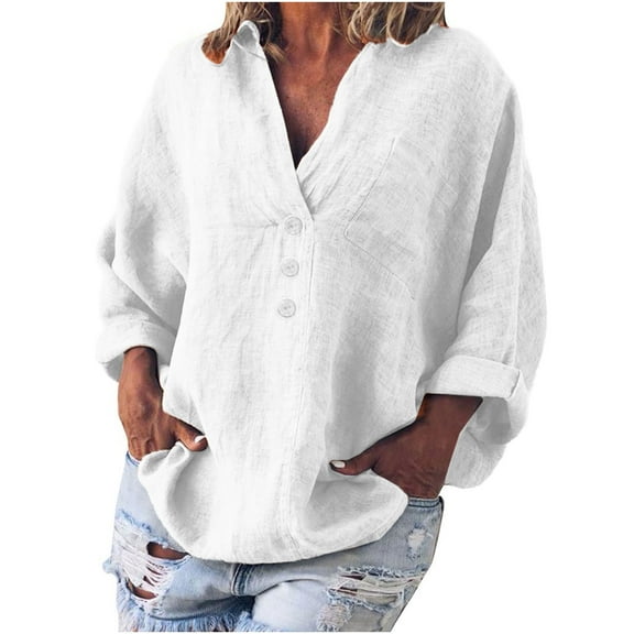 Mrat Women Cotton Linen Shirts Oversized Long Sleeve Tops Button V Neck Blouses Loose Fitting Casual Outfits Clothing S-40 White XXL