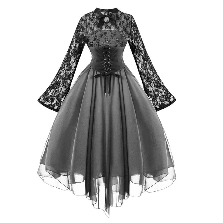 Mrat Women Fashion High-Low Lace Hem Gothic Style Round Neck