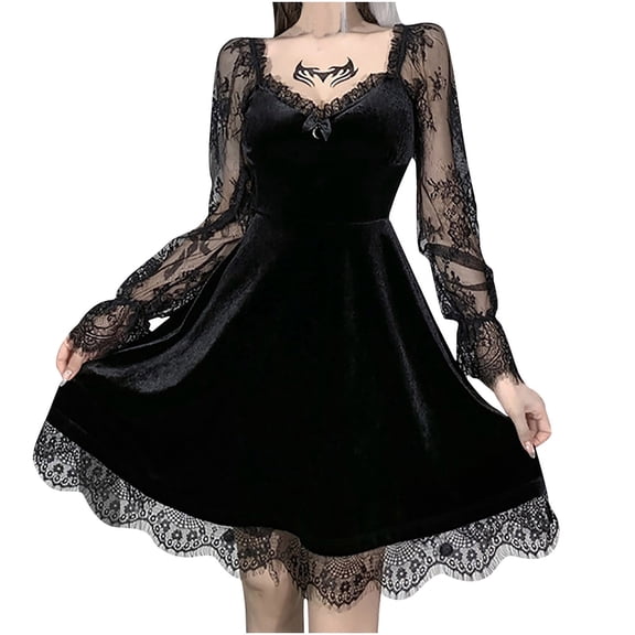 Mrat Women Gothic Dress Vintage Lace Patchwork Punk Goth Dresses Casual Party Cocktail Evening Velvet Dress S-38 Black S