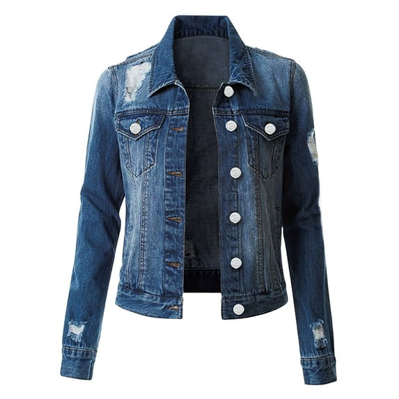 Mrat Women Jean Jackets Women’s Distressed Ripped Casual Button up Denim Jackets with Pockets Long Sleeve Cropped Jean Jacket Coats Outerwear C-3 Dark Blue 3XL