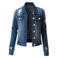 thumbnail image 1 of Mrat Women Jean Jackets Women’s Distressed Ripped Casual Button up Denim Jackets with Pockets Long Sleeve Cropped Jean Jacket Coats Outerwear C-3 Dark Blue XXL, 1 of 4