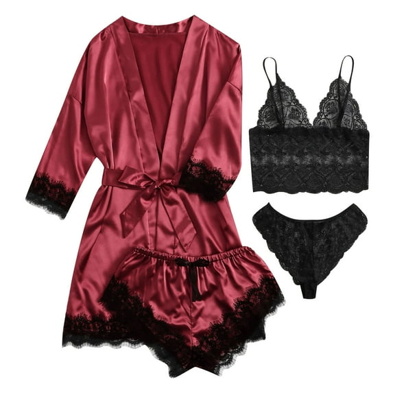 Mrat Women Lace Satin Wireless Bra Camisole Shorts Pajamas Robe Four Piece Set Nightwear S-36 Wine S