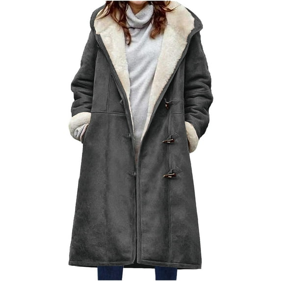 Mrat Women Long Winter Coat Toggle Button Hooded Jacket Fleece Lined Long Sleeve Toggle Coat Outerwear Solid Color Parka Jackets with Pockets F-Dark Gray L