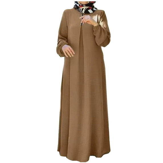 Mrat Women Muslim Clothing Large Size Women's Long Sleeve Long Dress Fashion Loose Long Sleeve Maxi Robe S-51 Brown XXL