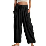 Mrat Women Pants Casual Pant Loose Comfy Yoga Womens Pants High Waisted Scrub Pants Workout Pants Drawstring Wide Leg Crop Trousers With Pockets Black XXL