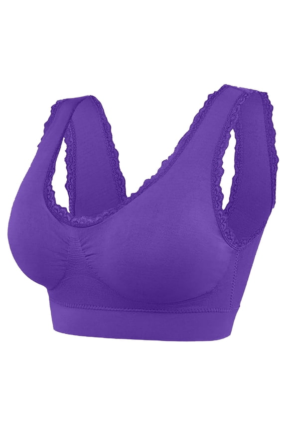 Mrat Women'S Sports Bras Cupless Bras Women Push-Up Bra Style M-223 Big & Tall Size Wirefree Bra with Support Female V-Neck Hook and Eye Bra Closure Lace Bra Purple XXL