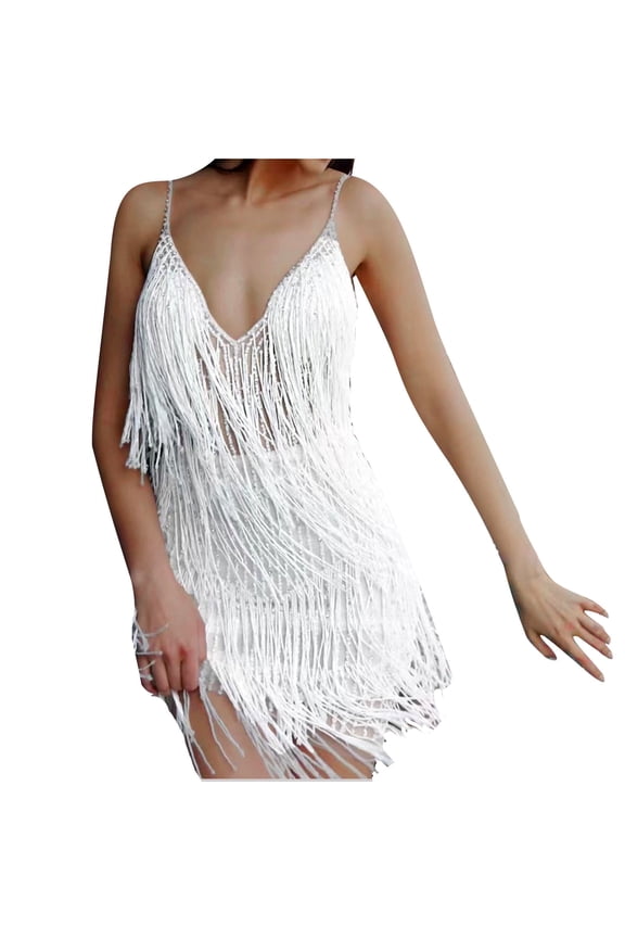 Women Sequins Tassel Hem Latin Dance Dress Leotard Rumba Jazz Dance Dresses Dancewear Dress Party Night Sequin Fringe Dress Sparkly Sleeveless Mini Tassel Dress White L