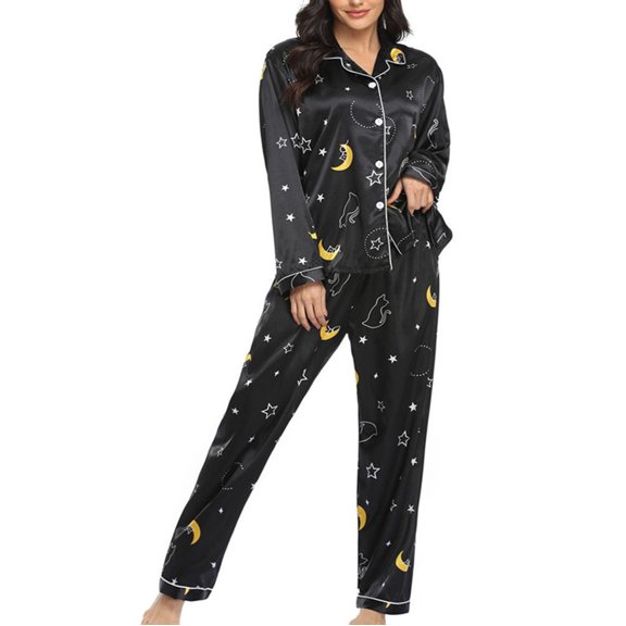 Mrat Women Silk Printed Pajamas Set Button Sleepwear Long Sleeve Nightwear with Long Pants Soft Set Pajama Set Women S-75 Black XL